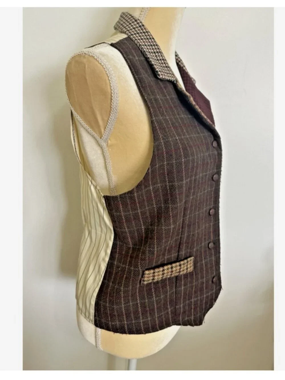 Vintage BONJOUR Vest Brown Wool Tartan Plaid Tweed Patchwork Size Large 80s